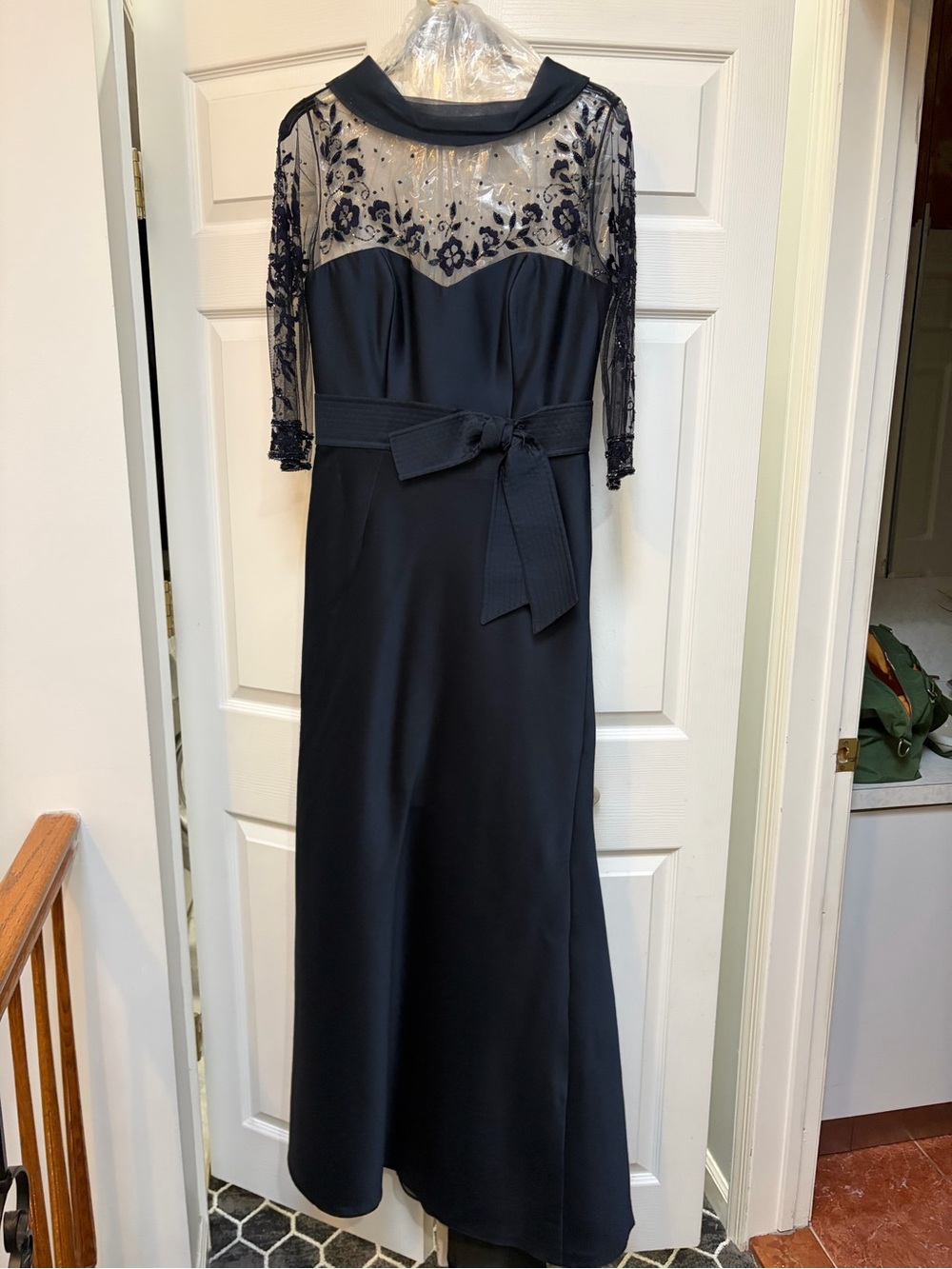 Linacarlo couture Navy Long-Sleeve Illusion Lace Evening Gown with Belt